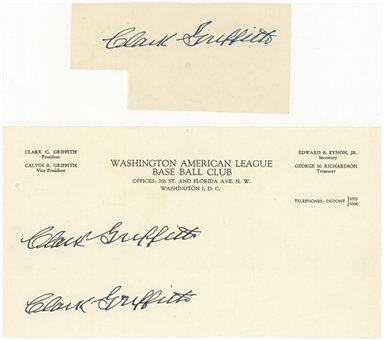 Lot of (3) Clark Griffith Signed Cuts with a Washington American League Baseball Club Header (Beckett PreCert)